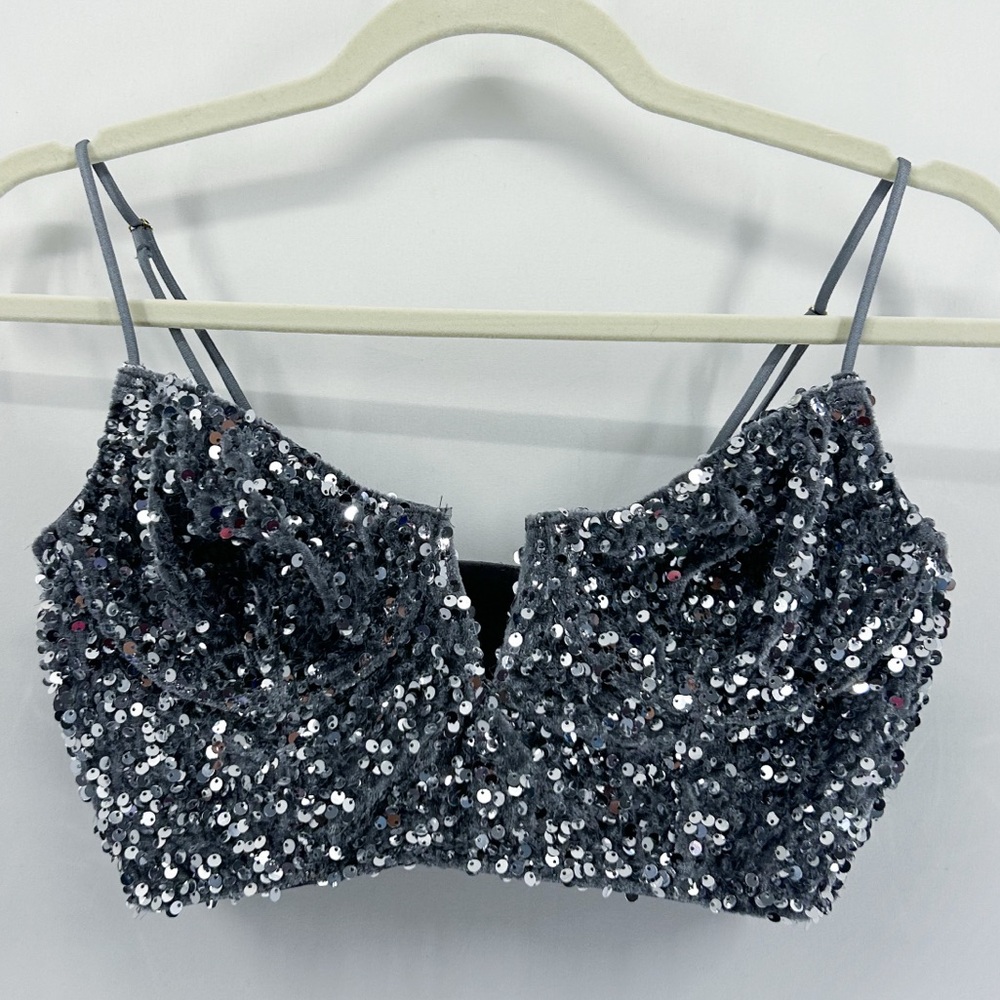 Anthropologie Eve Sequin Velvet Silver Bralette Crop Top Small - Picture 2 of 5